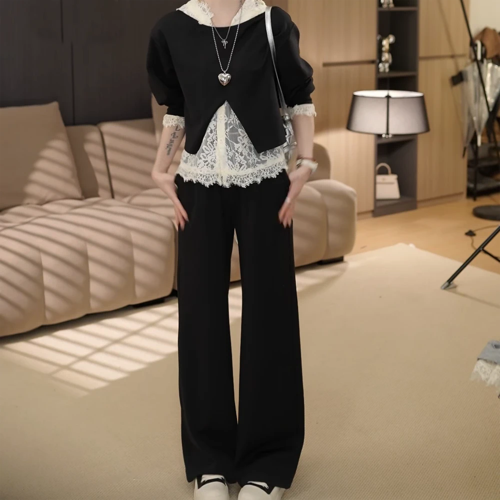 2025春季新款韩系慵懒通勤蕾丝连帽后背开叉减龄套装裙子三件套