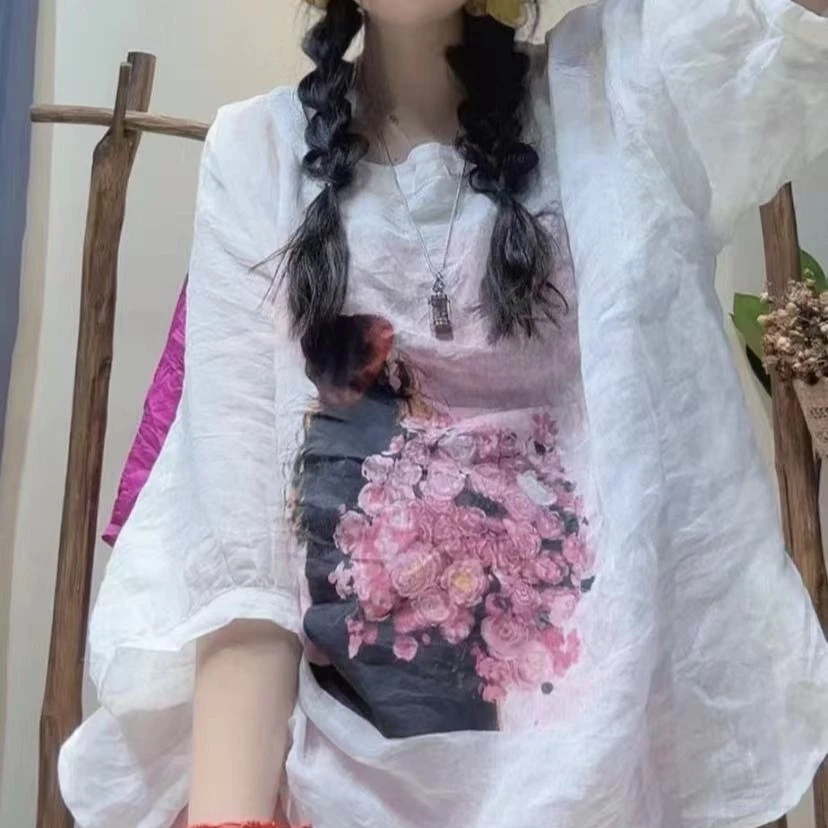 {欧洲站}梦姐同款时尚苎麻印花上衣