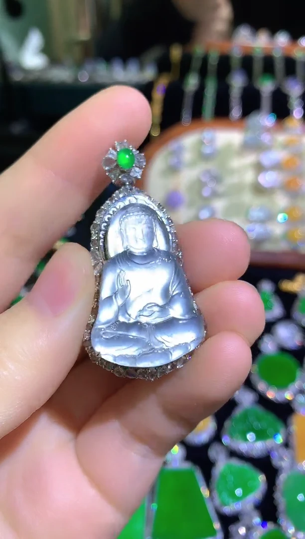 颈饰18K金镶嵌翡翠玻璃种炸光阿弥陀佛毛衣链一刀切开全盖