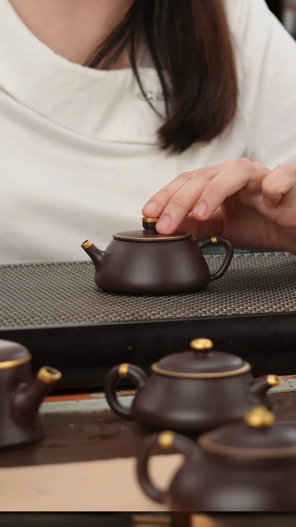 茶壶紫砂四号井茄皮紫泥描金平盖石瓢120cc