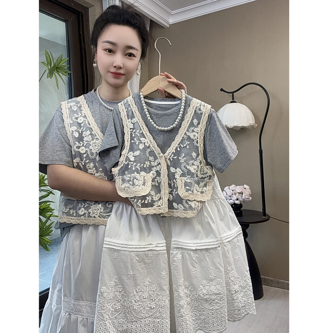 女童短袖T恤2025新款韩版蕾丝网纱马甲外穿宽松小背心上衣亲子款