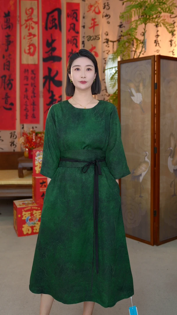 田新家100桑蚕丝秋季新品莨扎染纱绞罗老料连衣裙(11113绿袍子)