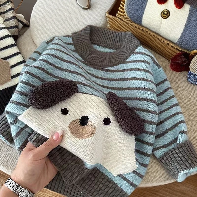 男童毛衣冬季加绒婴幼儿条纹套头打底衫宝宝卡通加厚针织保暖上衣