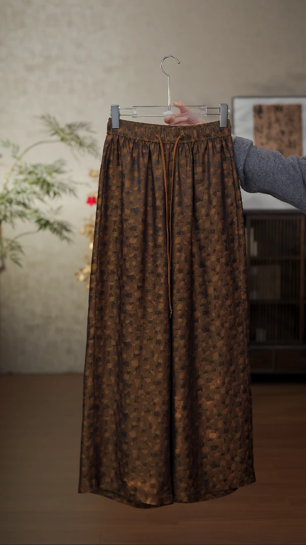 GONG QUE【万两金】新中式提花真丝松紧腰直筒裤 242625