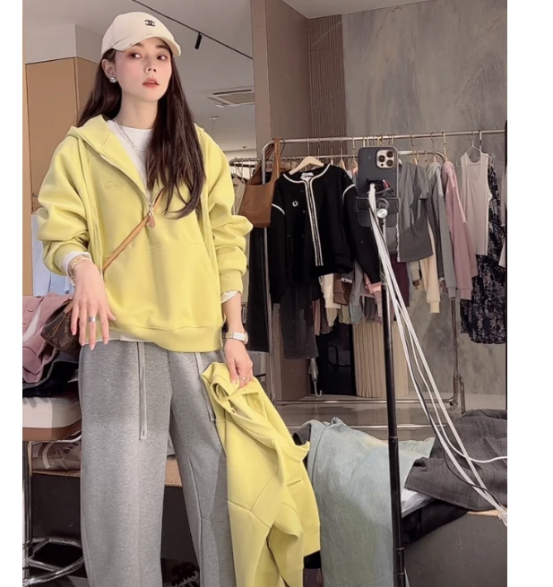 九佳 【缃叶黄】新款高克重宽松显瘦半拉链连帽卫衣时尚休闲百搭
