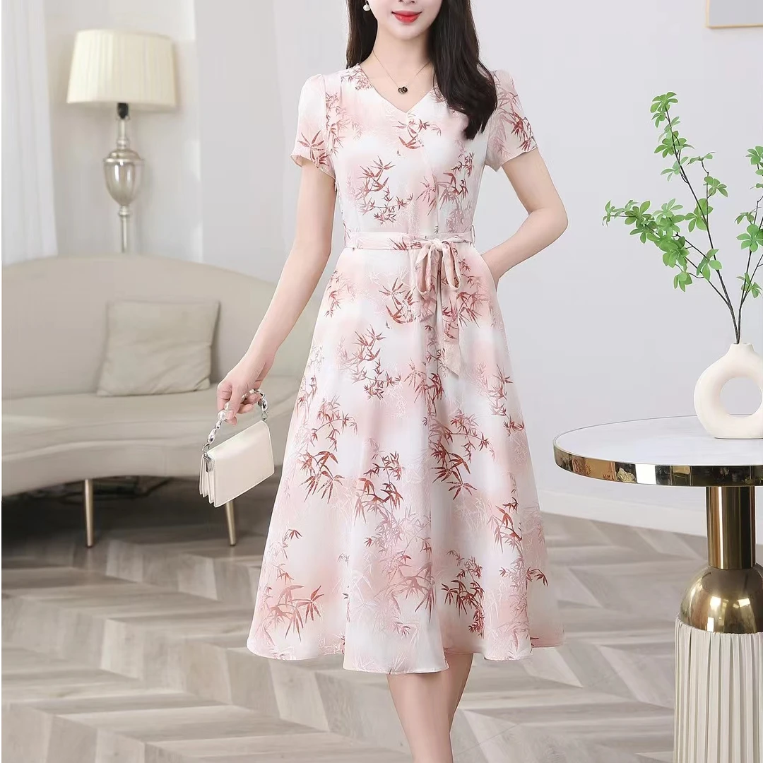 竹花连衣裙夏季新款气质修身显瘦中长款裙子2502#