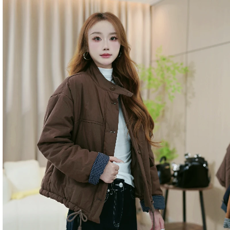 2025气质连帽格子拼接绗线棉服外套早冬季新款时尚百搭休闲女士