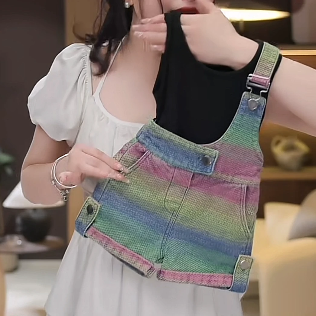 女童夏季斜肩牛仔吊带裤2025新款女宝洋彩虹色吊带牛仔吊带裤