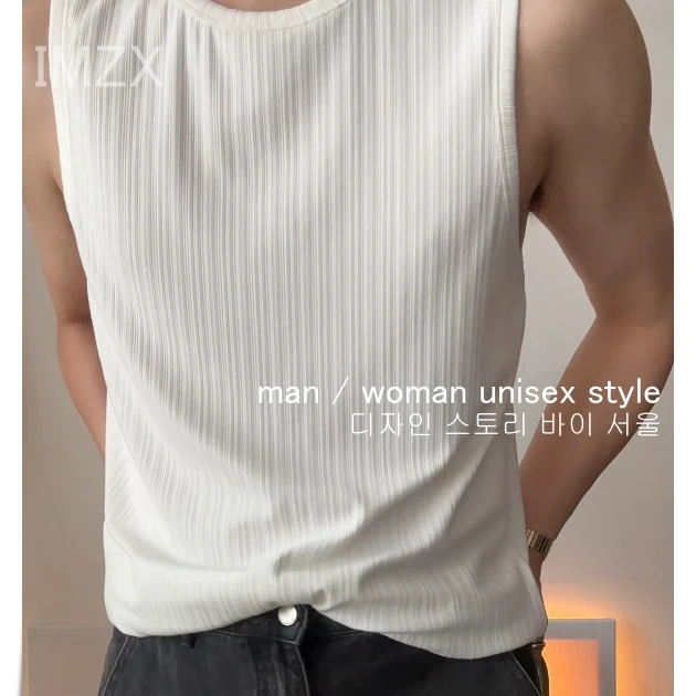 IMZX韩国欧巴服装背心白色夏季无袖高端简约干净弹力弹性男女同款