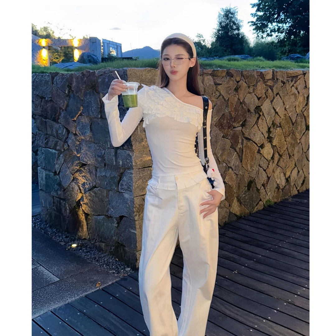 2025早秋新款时尚套装气质显瘦洋气休闲百搭性感辣妹斜肩上衣长裤