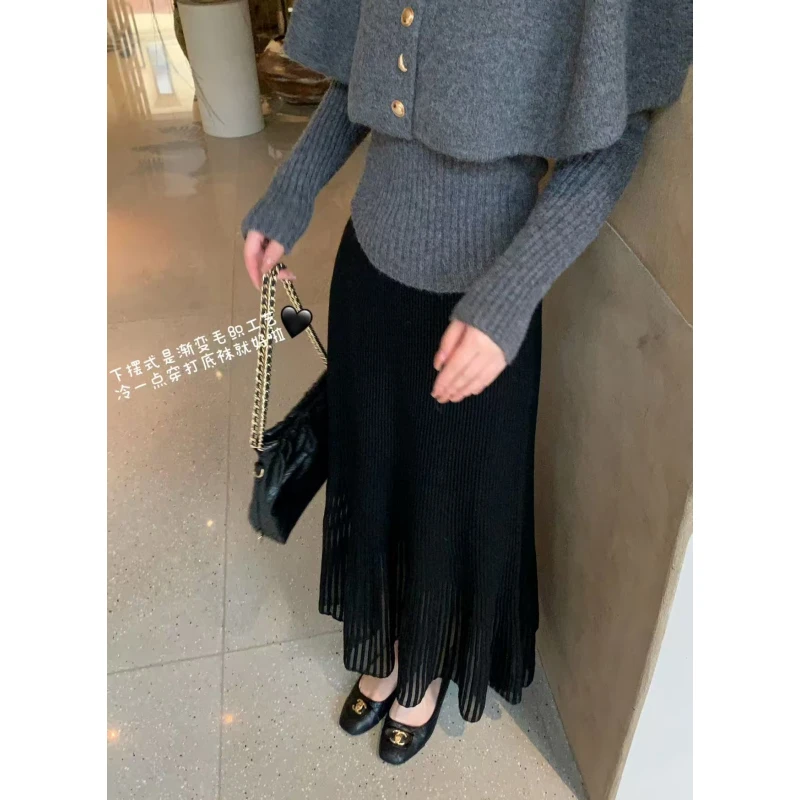 板栗西西【百搭半裙】秋冬气质风显瘦高腰条纹毛织百搭半身裙