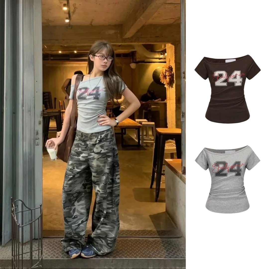 【运补6米】美式复古灰色斜肩短袖t恤女夏季设计感小众收腰辣妹上衣