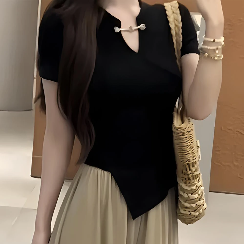 新款中国风夏季复古短袖T恤女下摆不规则收腰立领盘扣显瘦v领气质