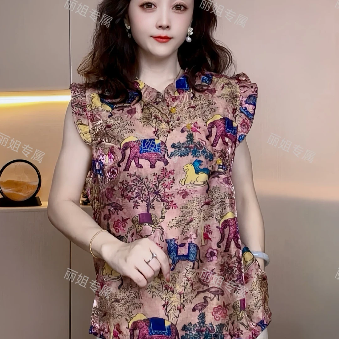 2025新款高端优雅印花盘扣短袖上衣小衫15559