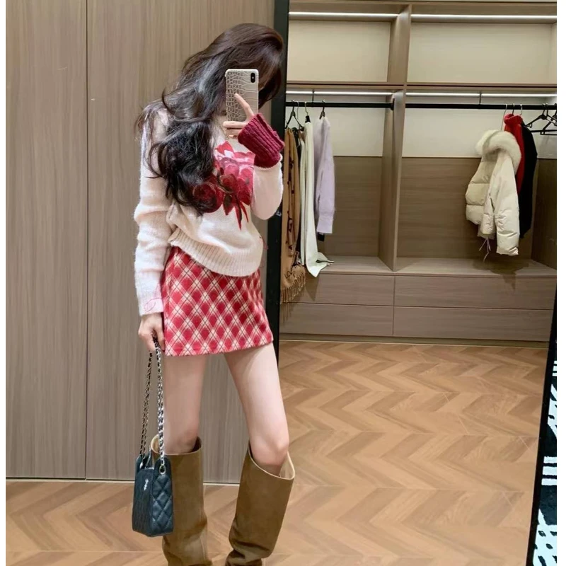 甜美玫瑰印花针织衫女2025秋冬季小香风减龄短裙两件套