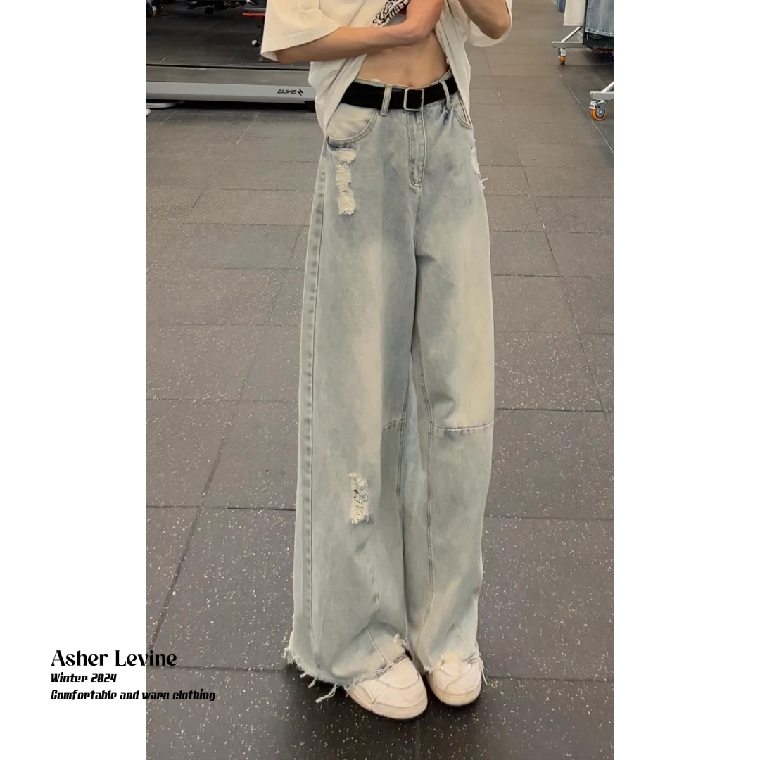 浅蓝色破洞微喇牛仔裤男夏季美式痞帅高级感裤子百搭弯刀阔腿长裤