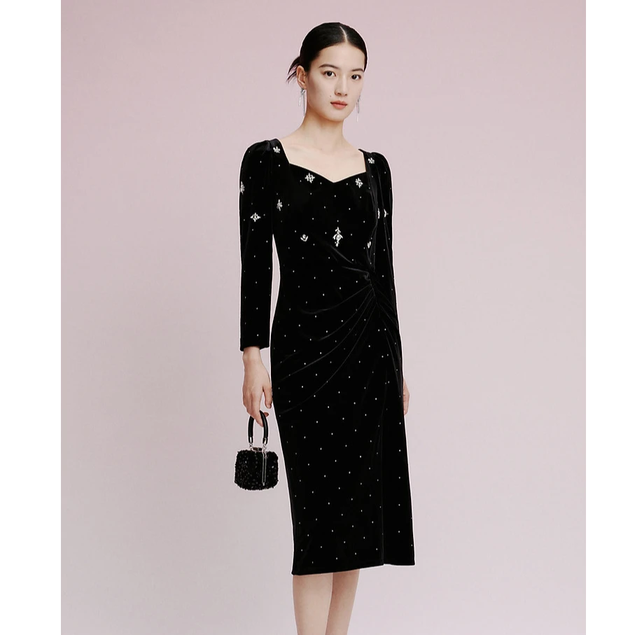【晨粉专享价】钉珠奢美精致晚礼服开叉包臀连衣裙女