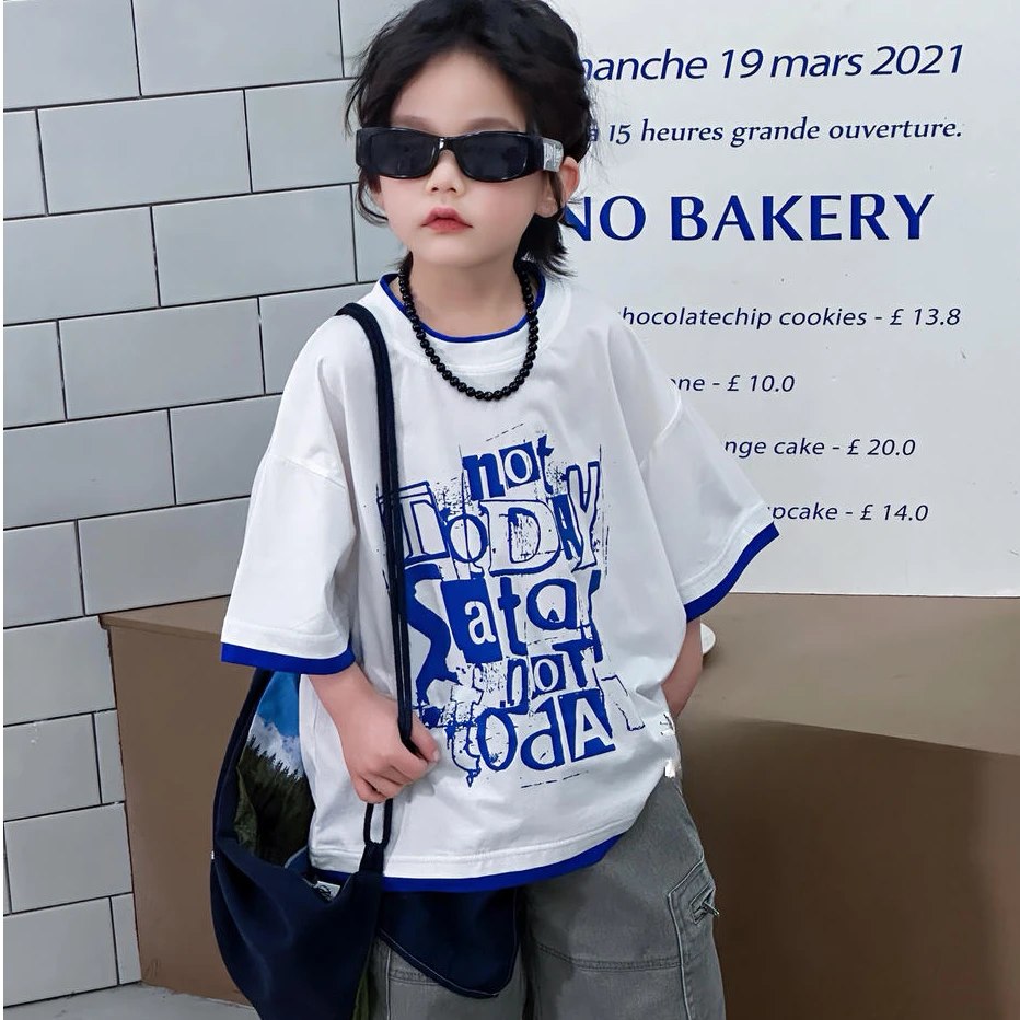 儿童夏季宽松洋气纯棉半袖印花男童项链T恤D25女童t恤