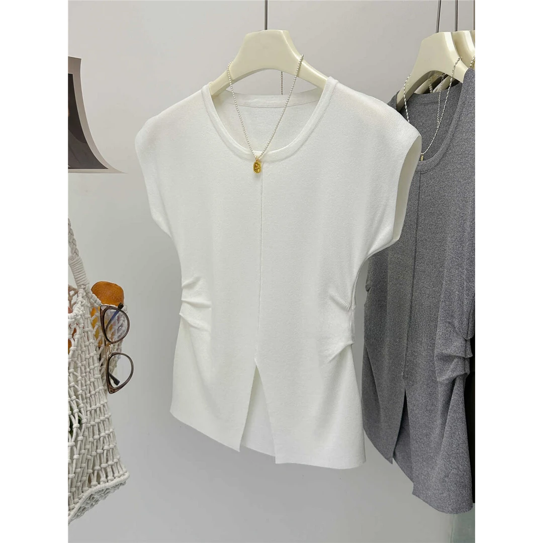 纯色圆领褶皱收腰开叉冰丝针织短袖t恤女2025夏季高级感修身上衣