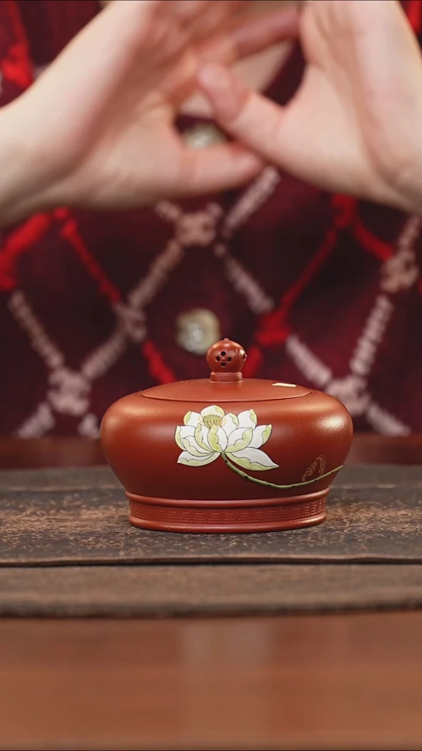 紫砂茶叶罐小罐镂空钮朱泥泥绘荷花