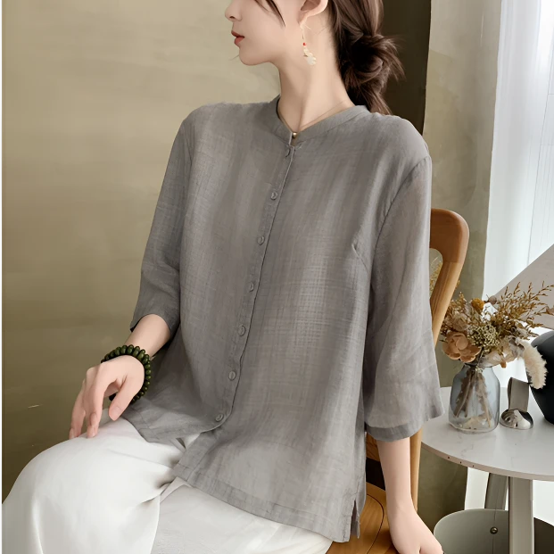 苎麻国风衬衫女装休闲时尚老钱风松弛感上衣小个子薄款衬衣夏季