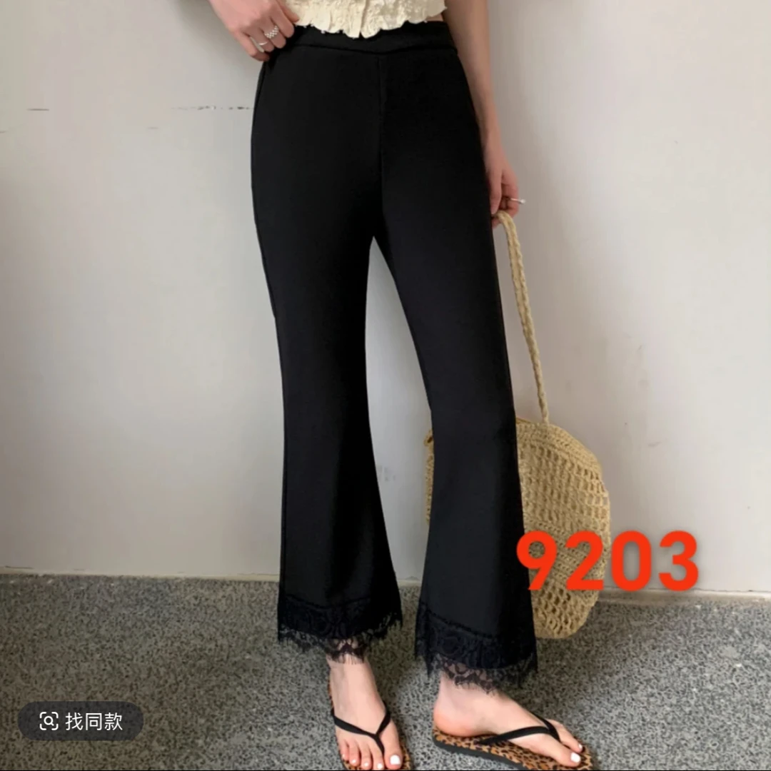 9203新品时尚松紧腰设计感显瘦百搭九分花边裤
