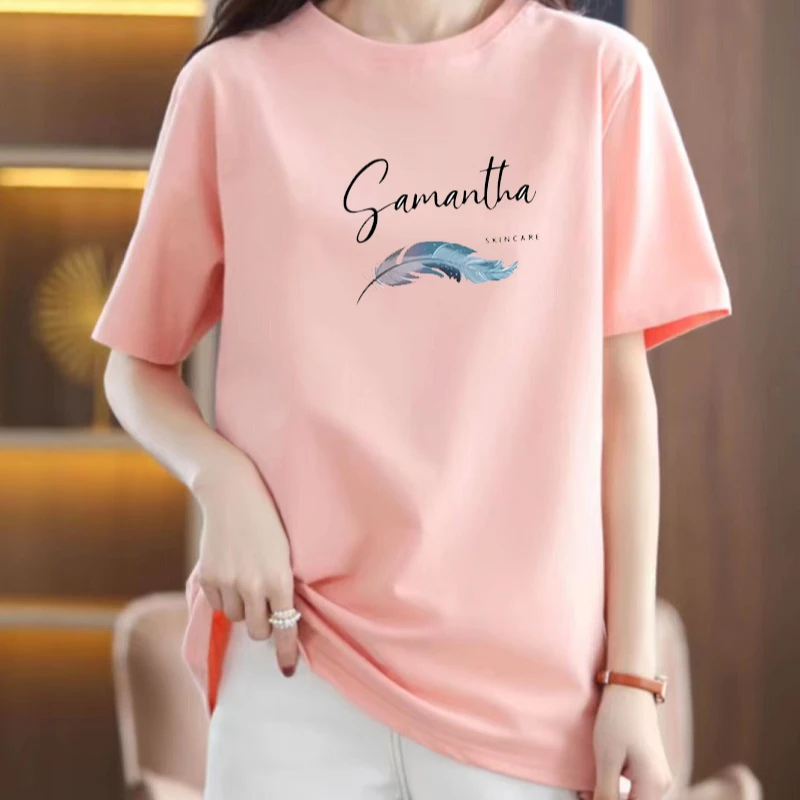 短袖印花圆领夏季宽松通勤T恤简约春夏半袖时尚韩版潮流女士纯棉