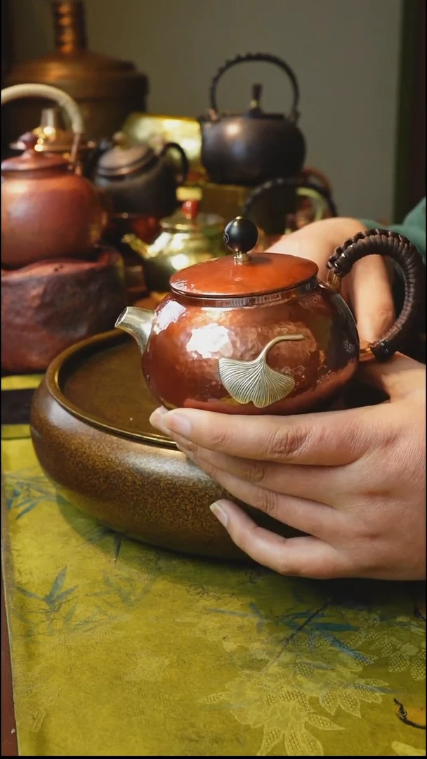 纯紫铜银嘴大叶泡茶壶