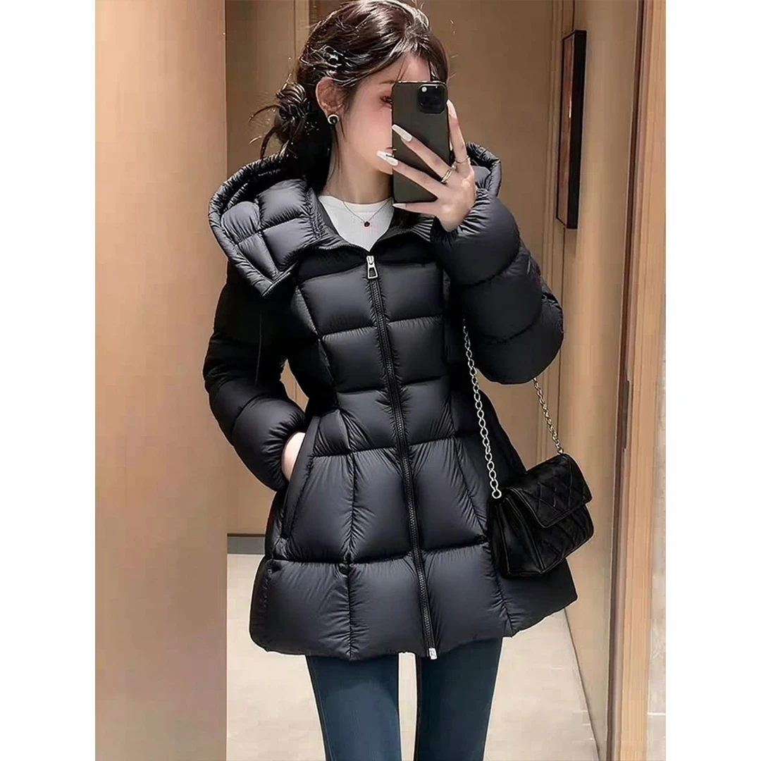 高级有质感黑色端庄修身时尚百搭方块棉服女冬新款收腰中长款外套