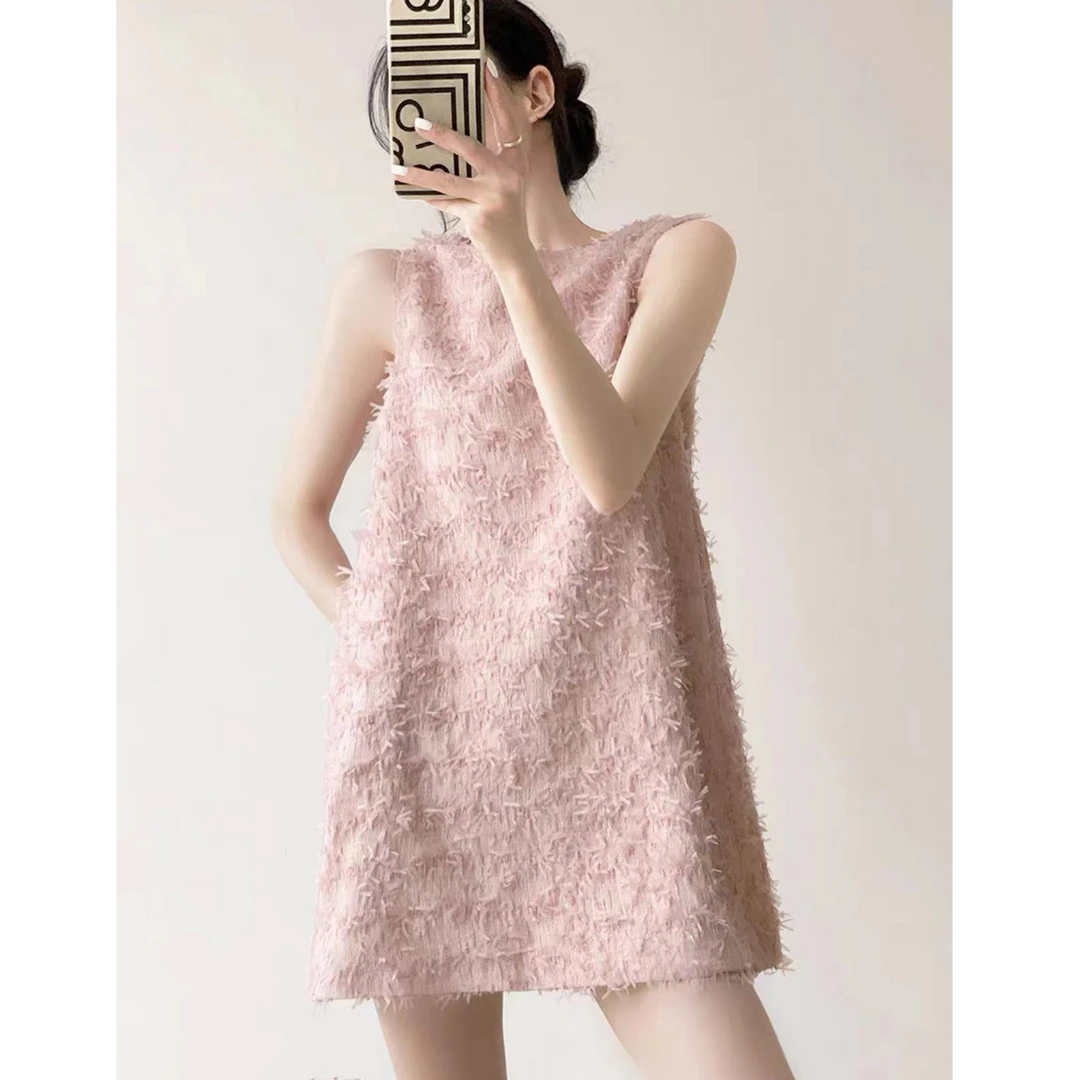 粉色名媛风无袖连衣裙女夏季新款别致绝美短款背心a字短裙子8134