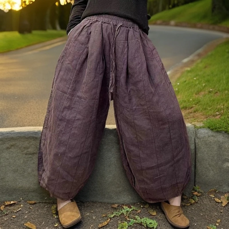 裤长88臀围140腰围最大110复古小众高品质苎麻双层做旧拼接灯笼裤