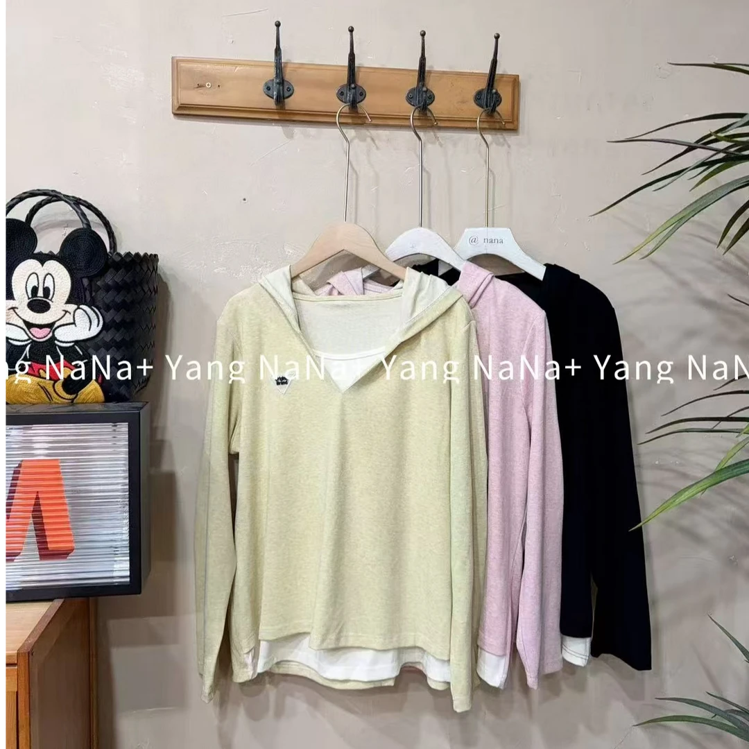 5613百搭大版长袖假两件正肩显瘦小三角戴帽子打底大T恤