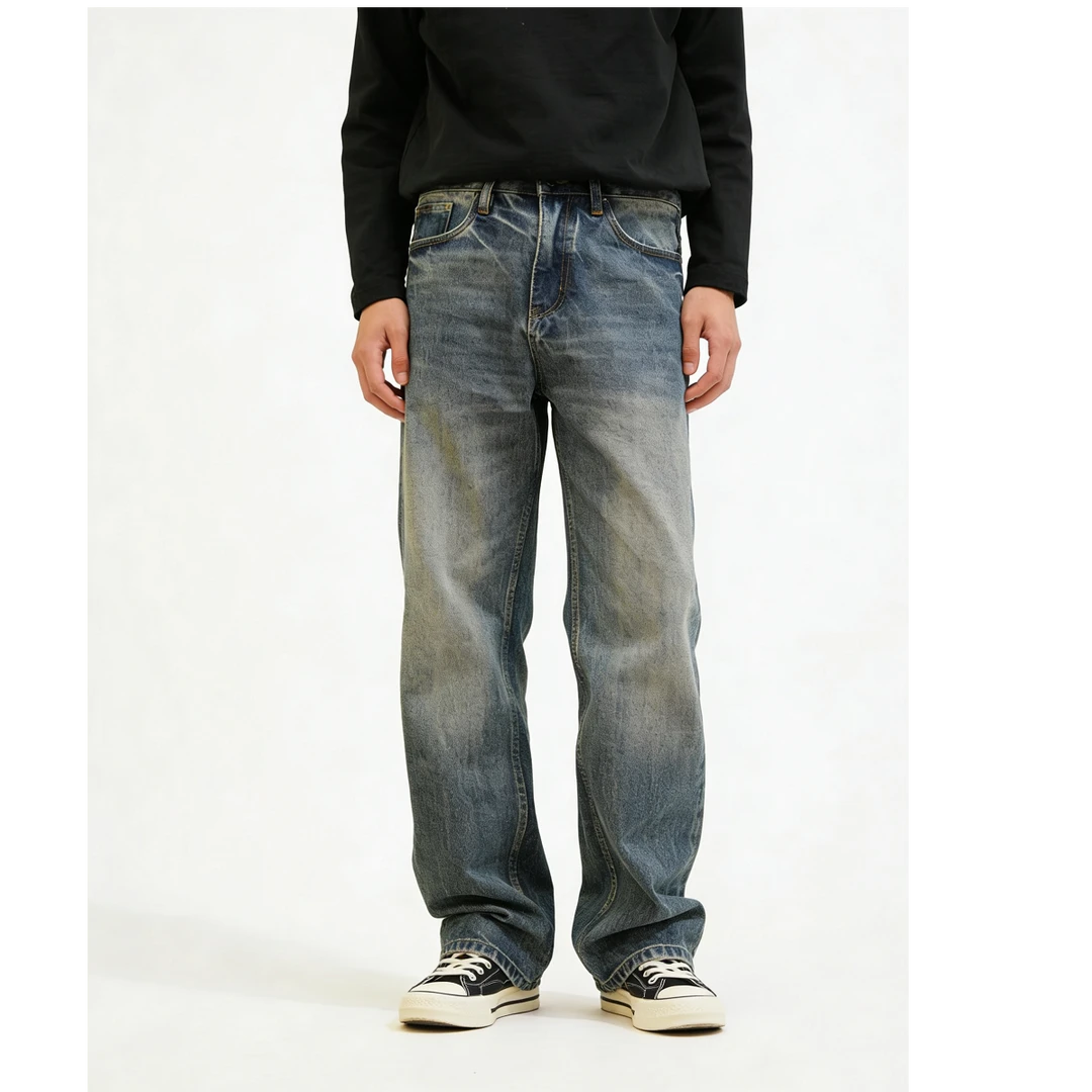 25秋冬14.5盎司厚款牛王横竖竹节面料直筒复古宽松蓝色高级牛仔裤