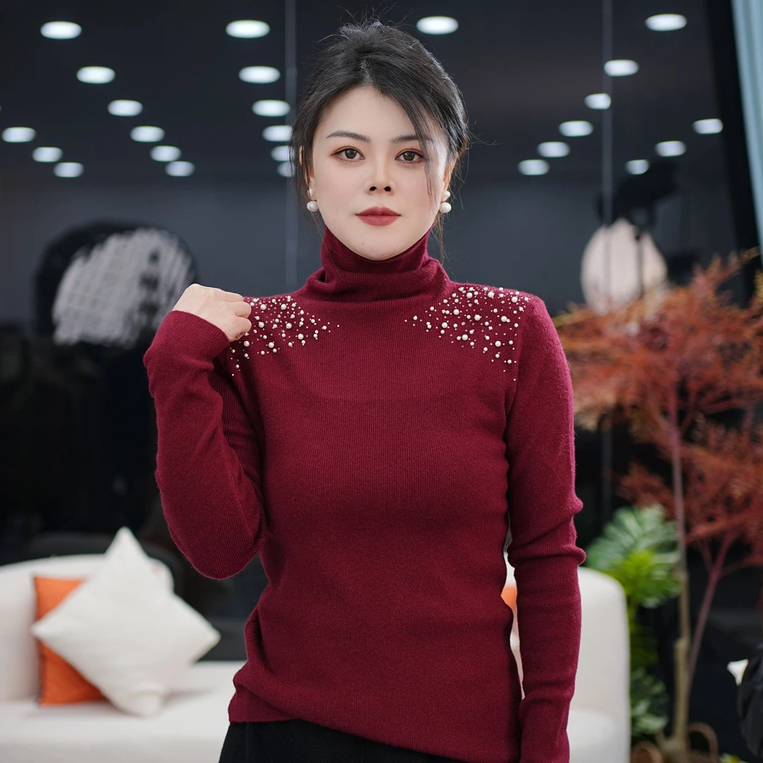 2024新款针织毛衣女长袖时尚百搭高领堆堆领打底衫保暖套头