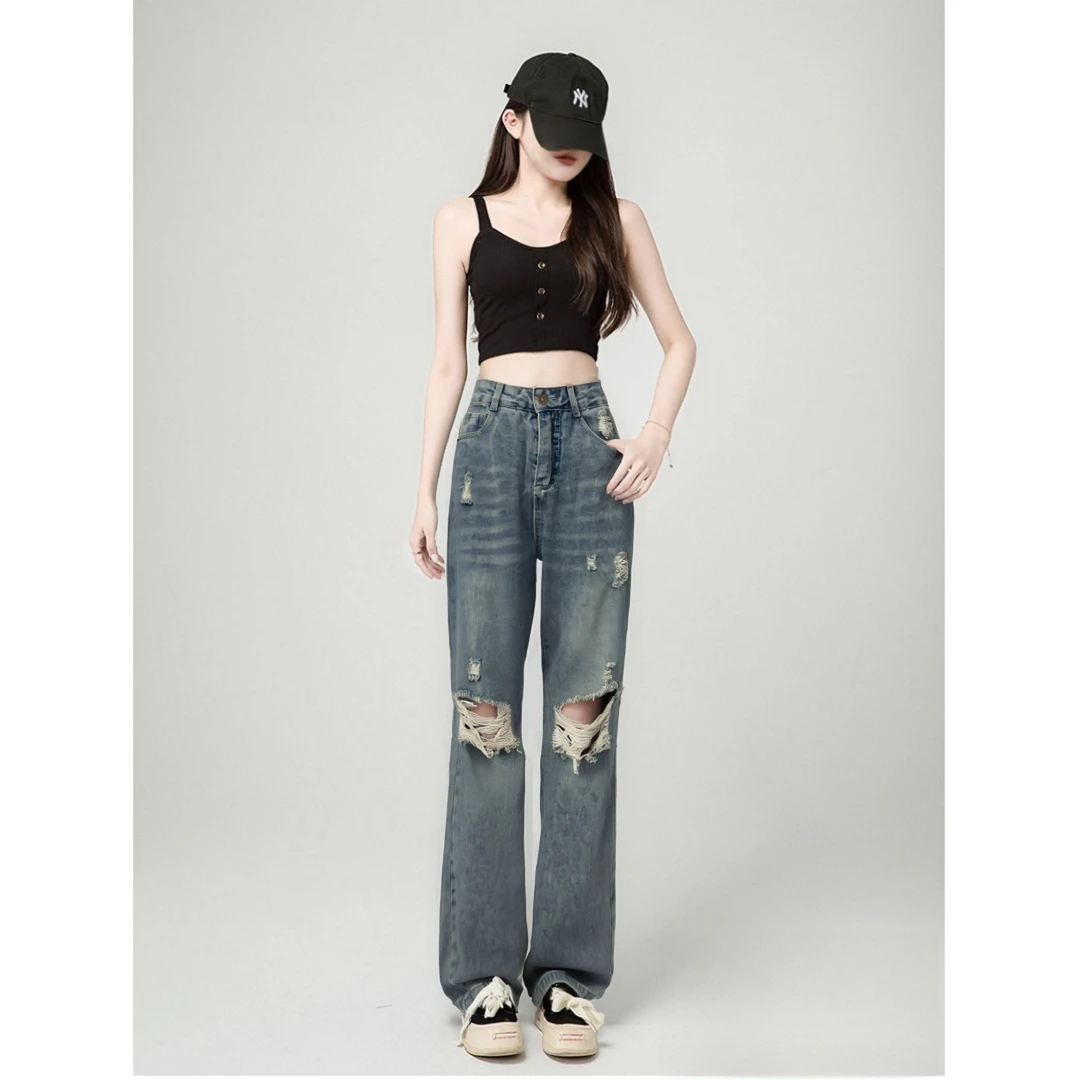 9006#夏季新款破洞牛仔裤女宽松复古高腰早秋垂感窄版直筒拖地裤