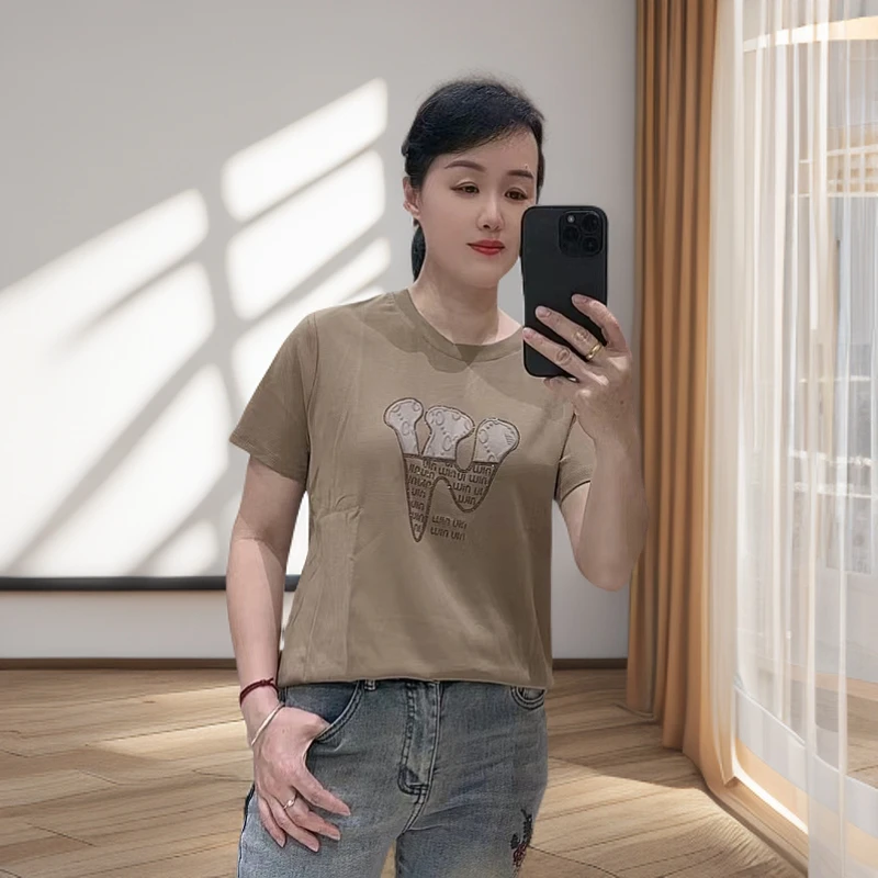 5863夏季大码胖MM百搭字母W印花短袖T恤