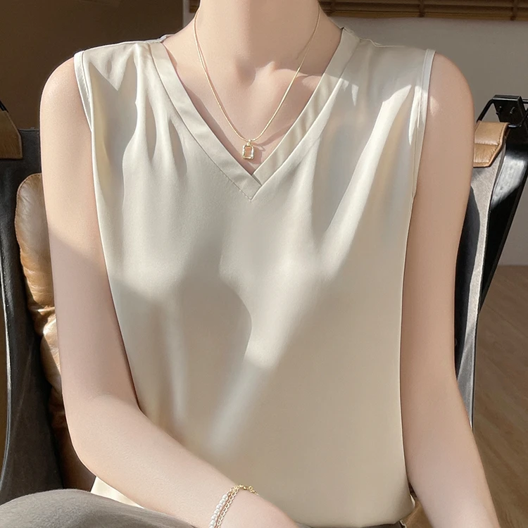 桑蚕丝吊带背心女V领无袖夏季打底纯色气质通勤