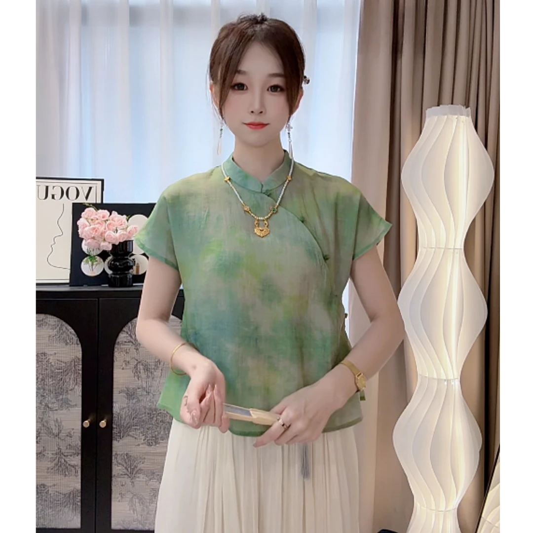 【全额运费补贴】复古斜襟盘扣衬衫女新中式国风禅意上衣9655