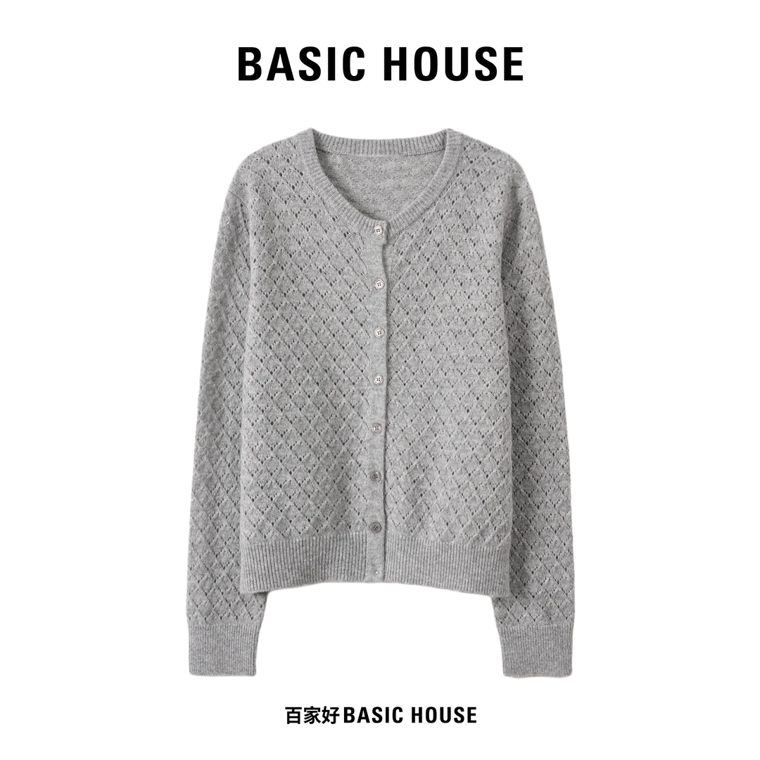 Basic House/百家好2025年新款圆领设计感菱格百搭针织衫P722 MM