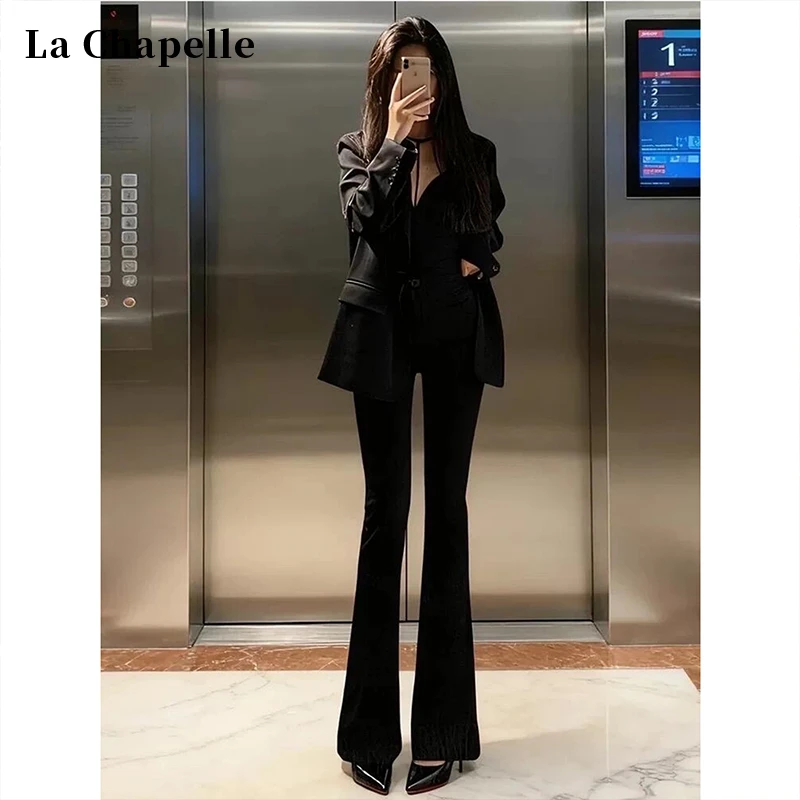 拉夏贝尔黑色加绒微喇牛仔裤女秋冬170垂感加长高个子喇叭马蹄裤