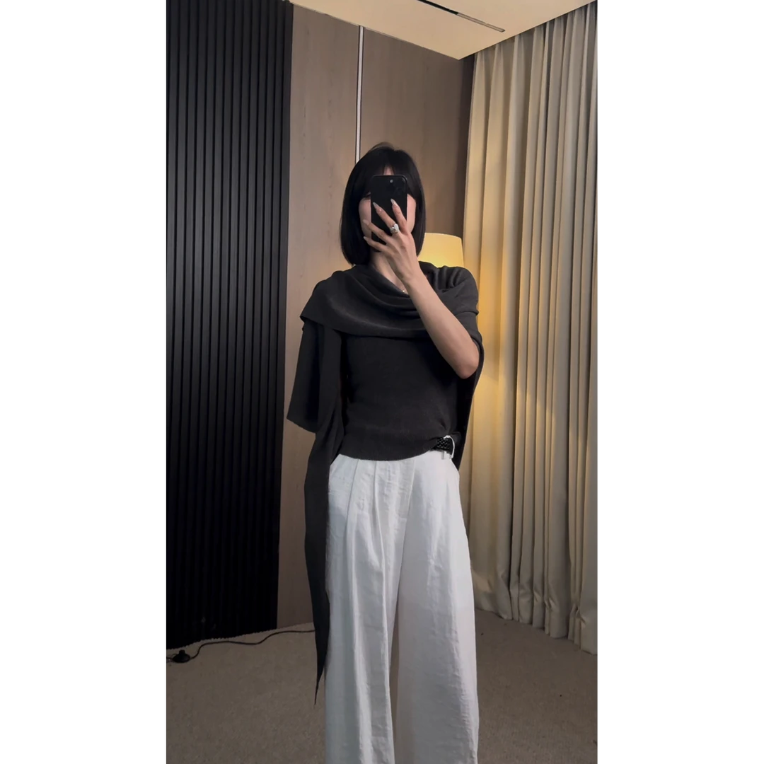 【ZZ严选】71638气质披肩针织衫女无袖法式修身超显瘦短袖两件套