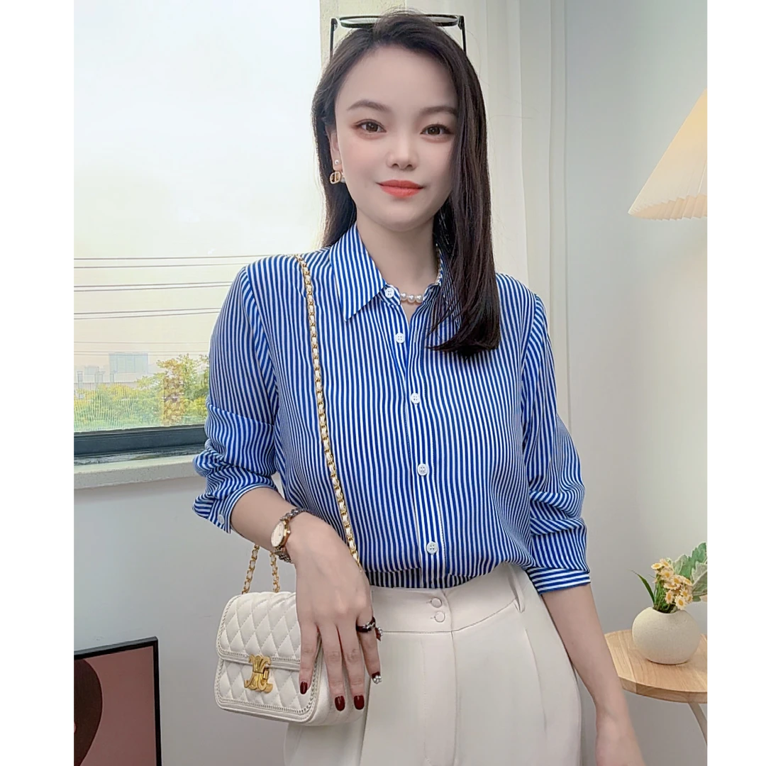 【灿灿】100含量真丝桑蚕丝条纹衬衫女春秋气质通勤职业长袖衬衣