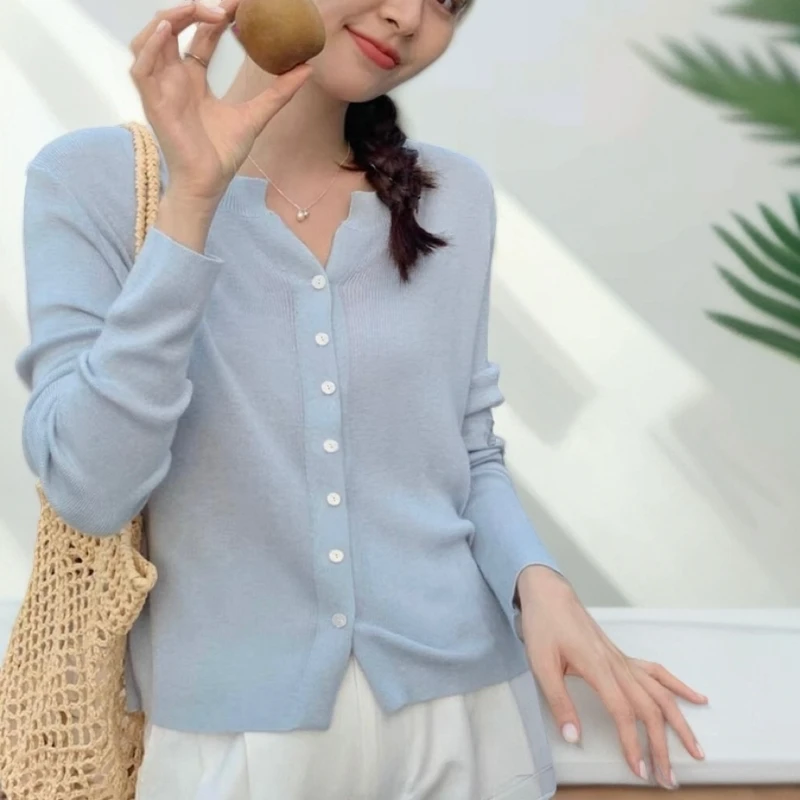 【美久仟】酷暑必备！亚麻莱赛尔纤维V领防晒长袖开衫女夏