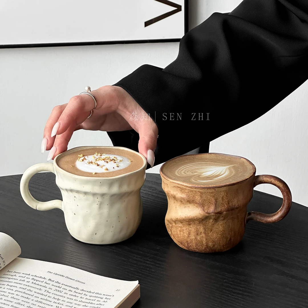 日式复古粗陶马克杯家用陶瓷咖啡杯侘寂风拿铁杯拉花杯下午茶杯子