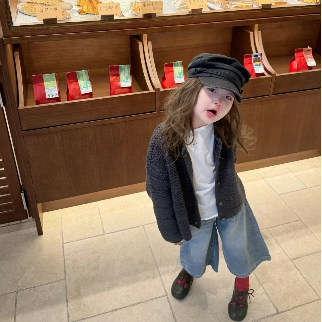 小思家25女童早秋新款韩休闲简约毛衣外套圆领T恤阔腿牛仔裤套装