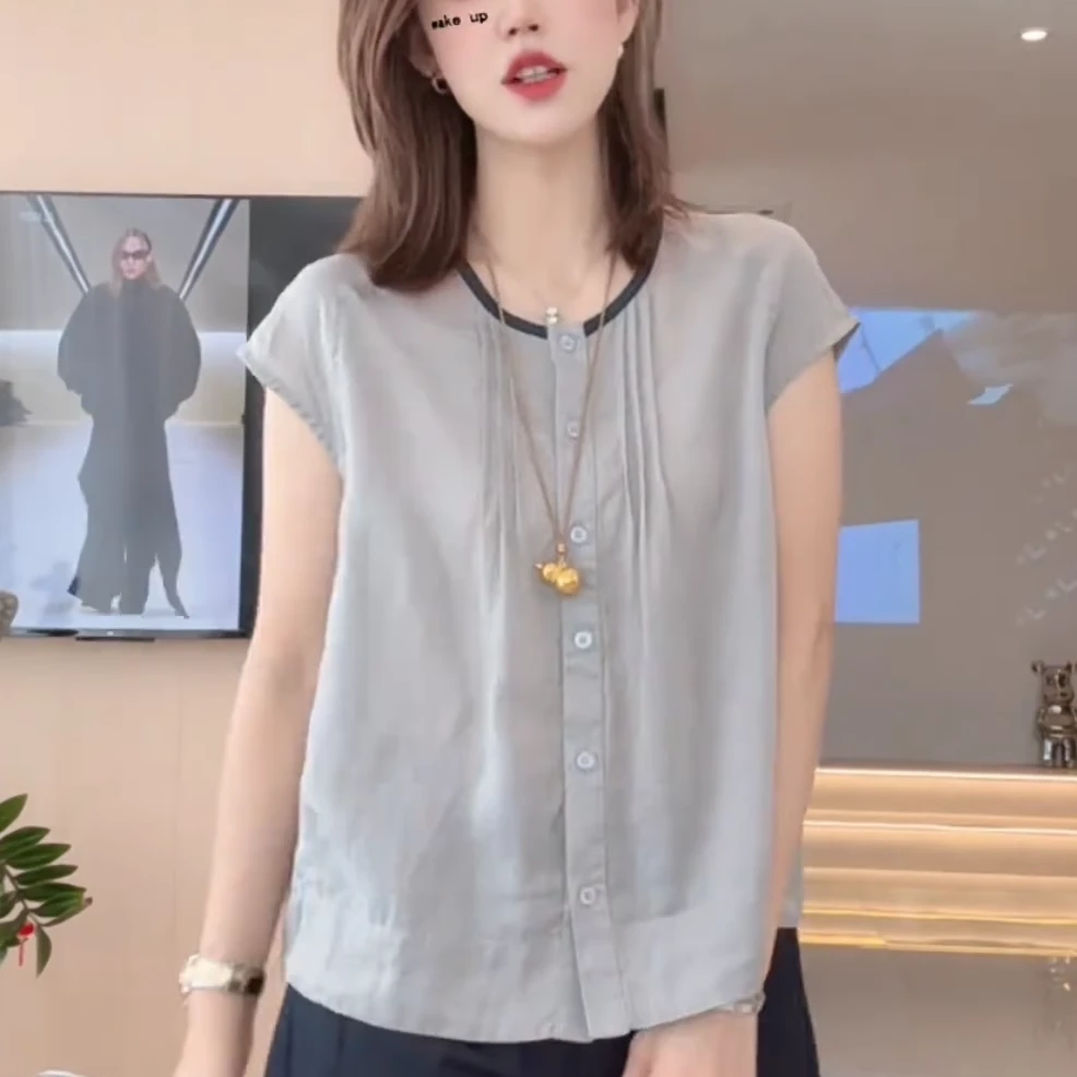 短袖衬衫女夏季宽松显瘦衬衣2025薄款流行小衫洋气法式苎麻上衣