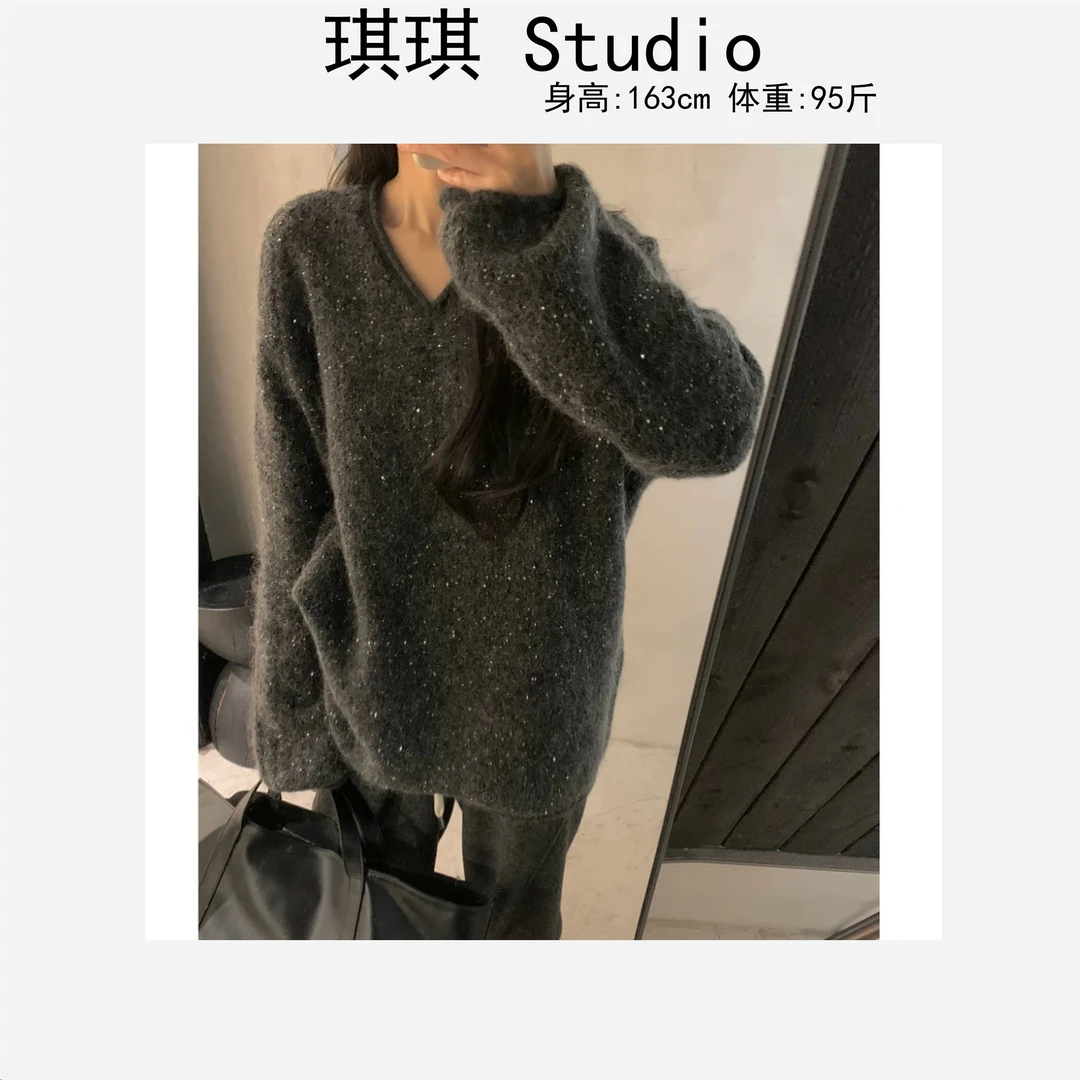 2025早春新款v领亮片闪闪潮流气质时尚宽松显瘦减龄针织毛衣-C
