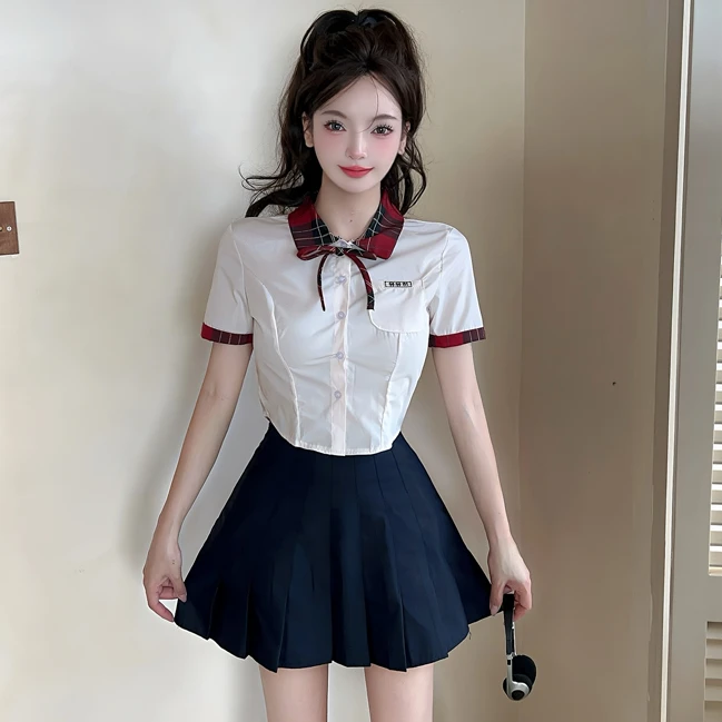 韩系学院风制服红格浅粉色衬衫藏青色包臀百褶裙校服多莉别再惹我