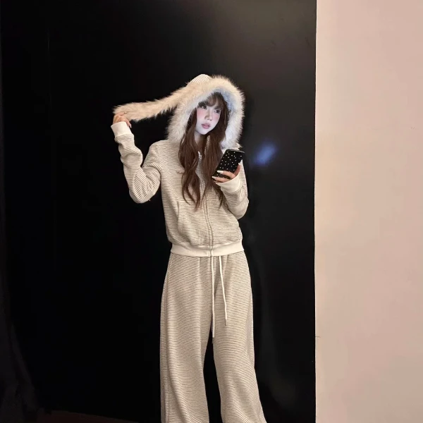 【DMXJ大梦想家】韩系条纹甜美长耳兔睡衣女秋冬新款保暖家居服套装