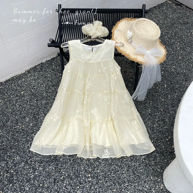 【豪宝贝】2025夏款小蝴蝶刺绣无袖连衣裙6939